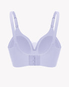 Wireless nursing bra bralette in light purple with adjustable straps and front clasp detail