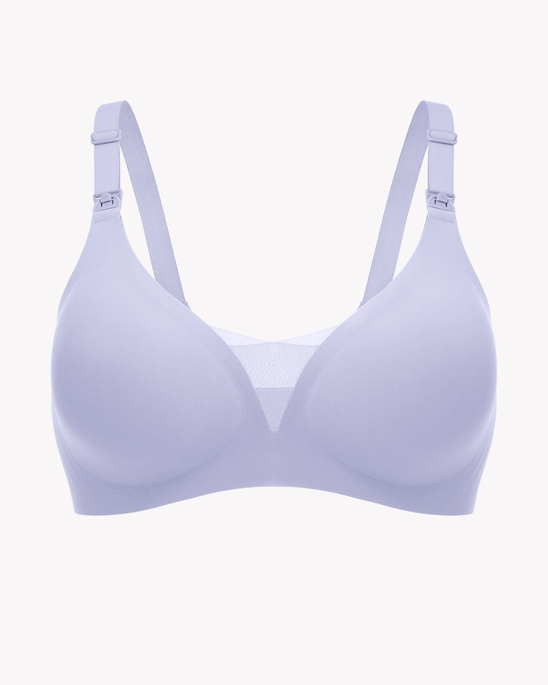 Wireless nursing bra bralette in light purple with adjustable shoulder straps and smooth cups