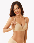 Wireless nursing bra in nude beige on model; adjustable straps and smooth underwire-free cups