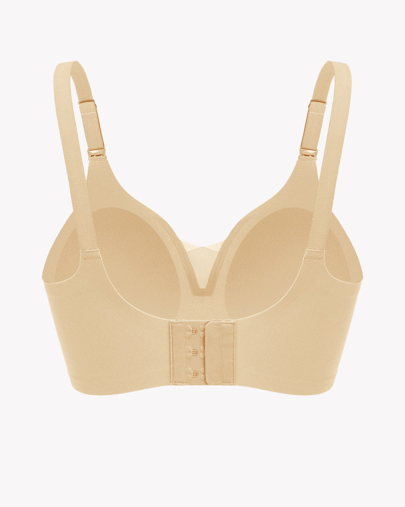 Wireless nursing bra bralette in nude beige with adjustable straps and front clasp closure