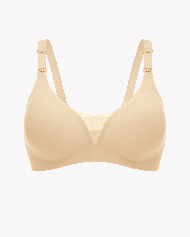 Nude wireless nursing bralette with adjustable straps and V neckline
