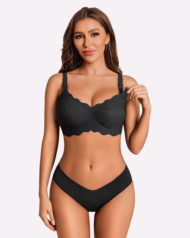Nursing bra in black with seamless scalloped cups and adjustable straps