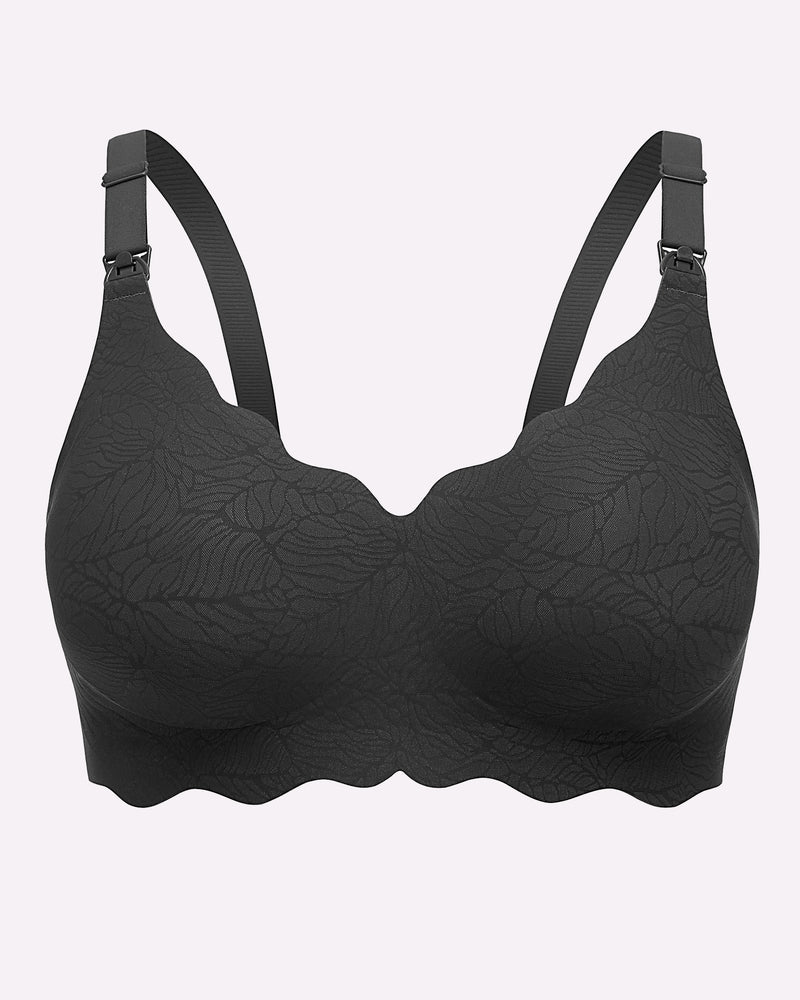 Black seamless nursing bra with embossed floral texture and adjustable straps