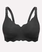 Black seamless nursing bra with embossed floral texture and adjustable straps