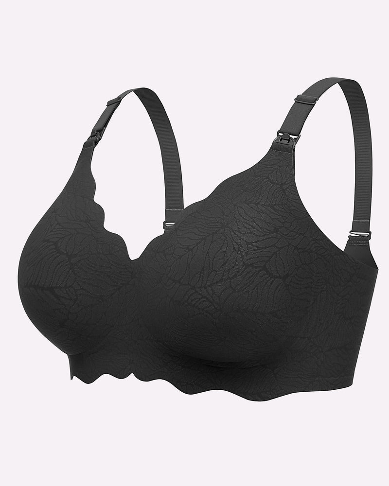 Black seamless nursing bra front view with molded cups and adjustable straps