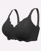 Black seamless nursing bra front view with molded cups and adjustable straps