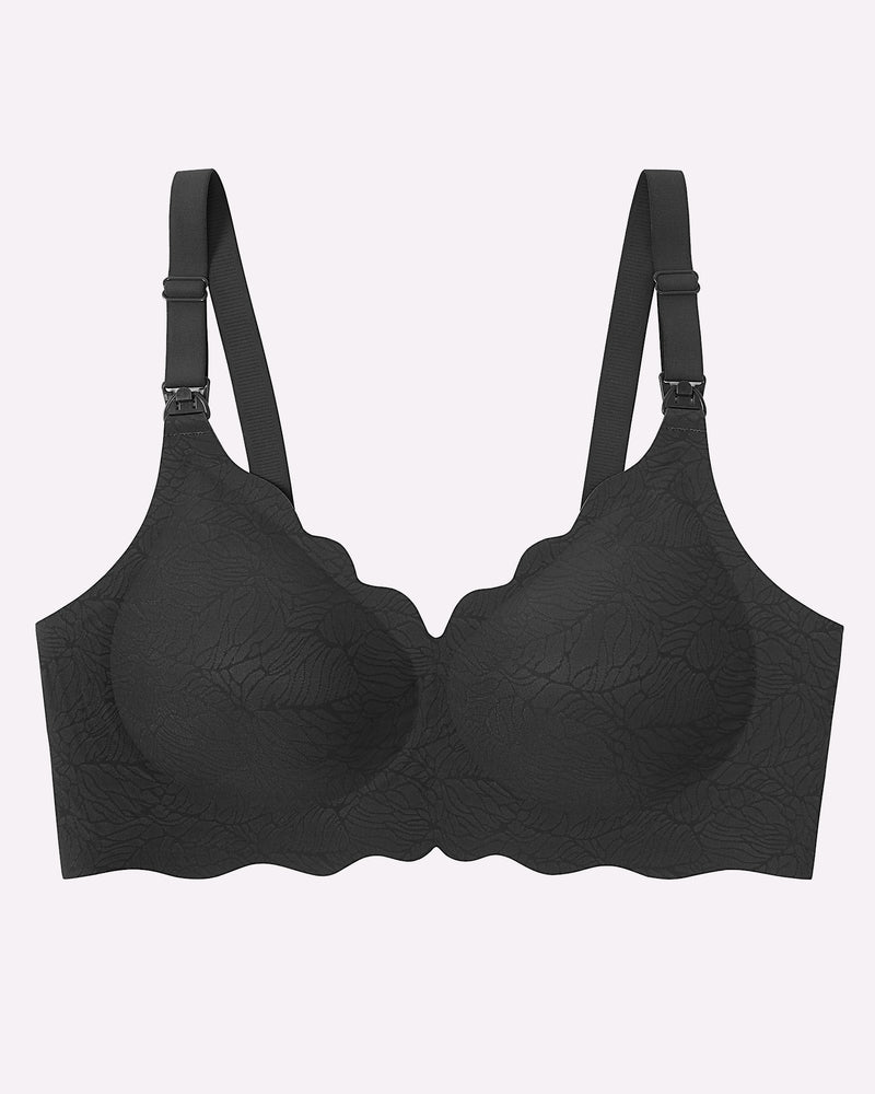 Black seamless nursing bra front view with V-neck cups and supportive underband