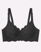 Black seamless nursing bra front view with V-neck cups and supportive underband