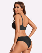Nursing bra in black showing back and side profile on model