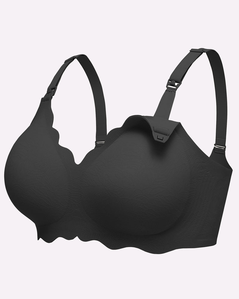Black seamless nursing bra with wide straps and scalloped underwire cups