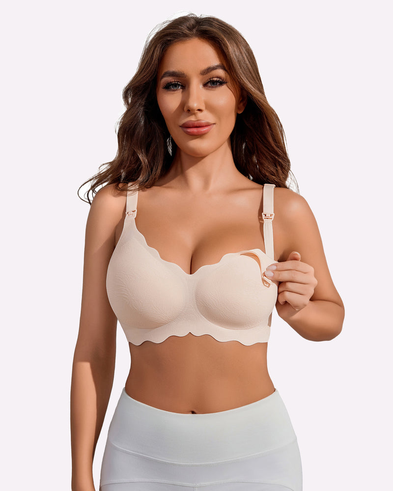 Nursing bra in light nude with scalloped underwire cups and front nursing clips