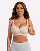 Nursing bra in light nude with scalloped underwire cups and front nursing clips