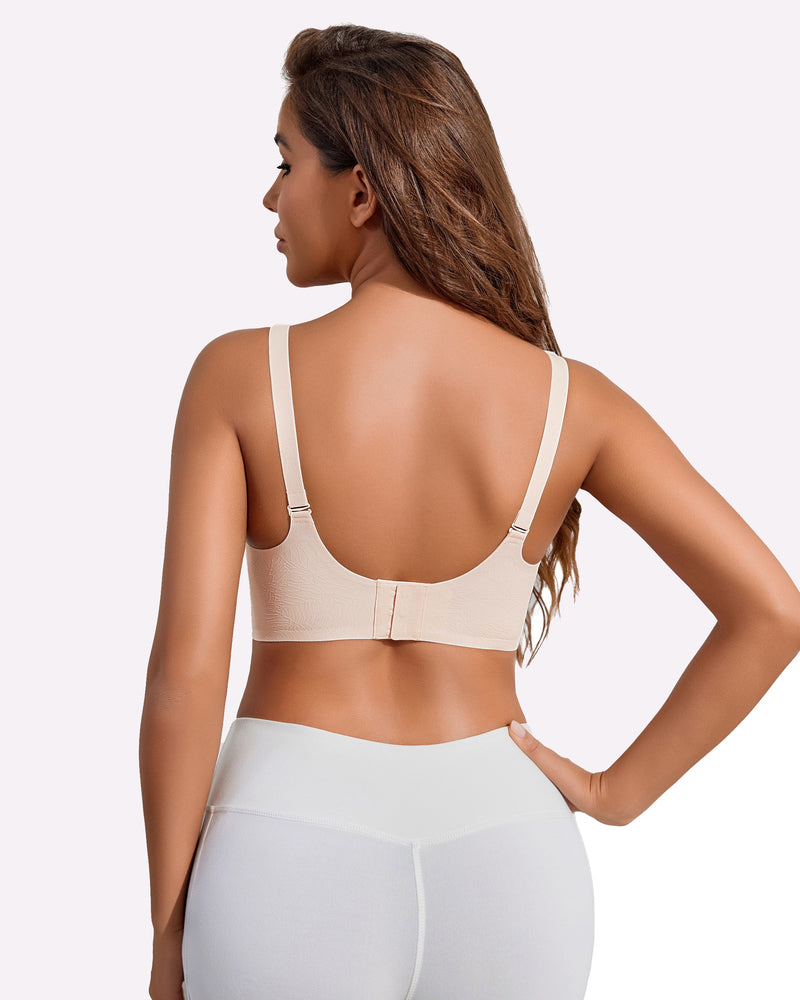 Seamless nursing maternity bra back view, beige with adjustable straps and hook closure