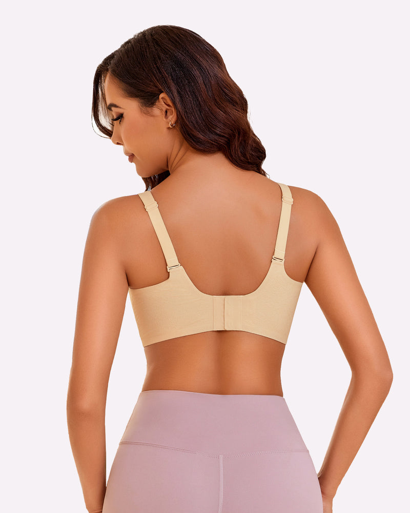 Seamless nursing bra light brown worn by model, back view with adjustable straps