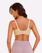Seamless nursing bra light brown worn by model, back view with adjustable straps