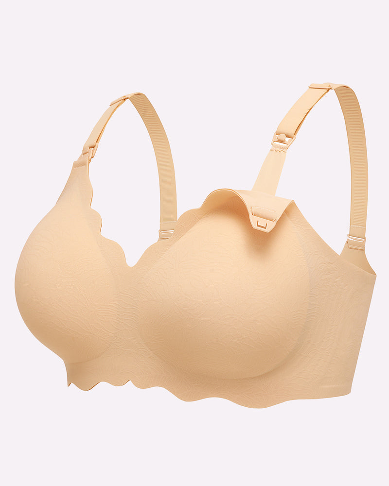 Seamless nursing bra light brown, scalloped cups with adjustable straps and hook