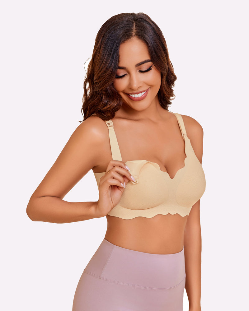 Nursing bra in light lilac with front nursing cup access and adjustable straps