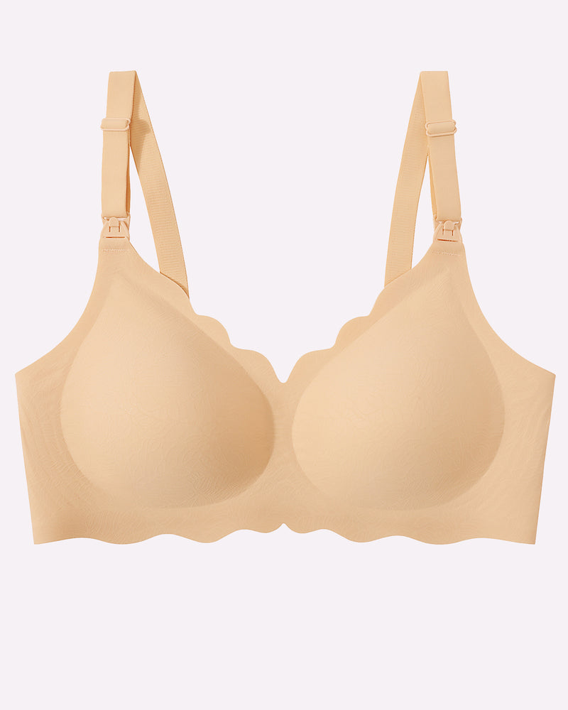 Seamless nursing bra light brown with molded cups, adjustable straps and hook closure