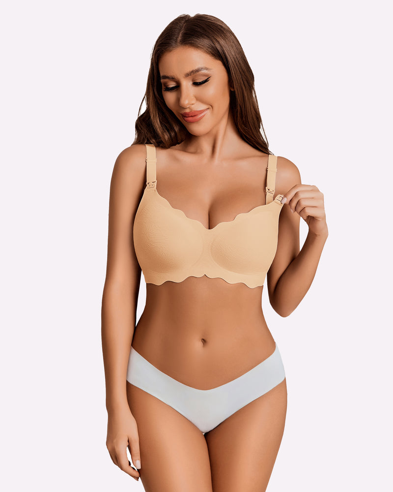 Nursing maternity bra, seamless beige cups with underwire shape, adjustable shoulder straps