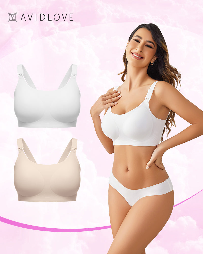2-pack nursing bras, wireless seamless scoop bras in white and beige