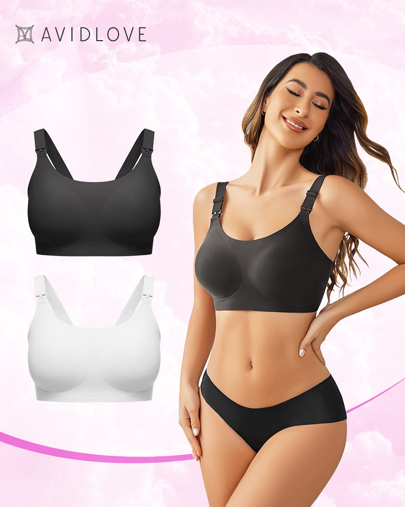 2-pack nursing bras, wireless seamless scoop bras in black and white
