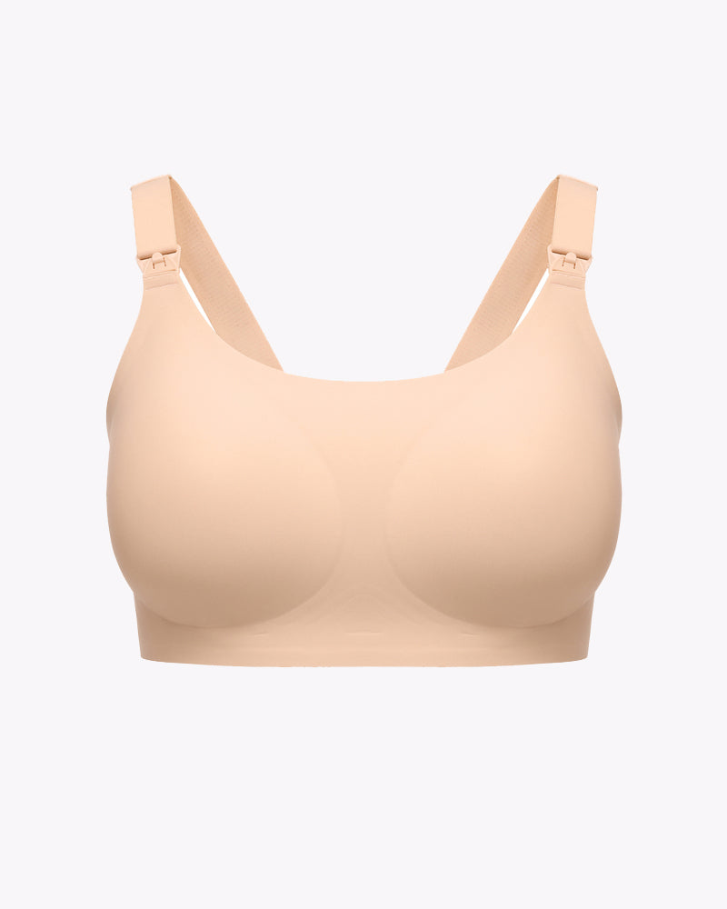 Wireless nursing bra in beige, adjustable straps, smooth molded cups, front view