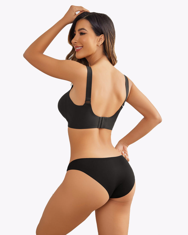 Wireless nursing bra back view in black with adjustable straps