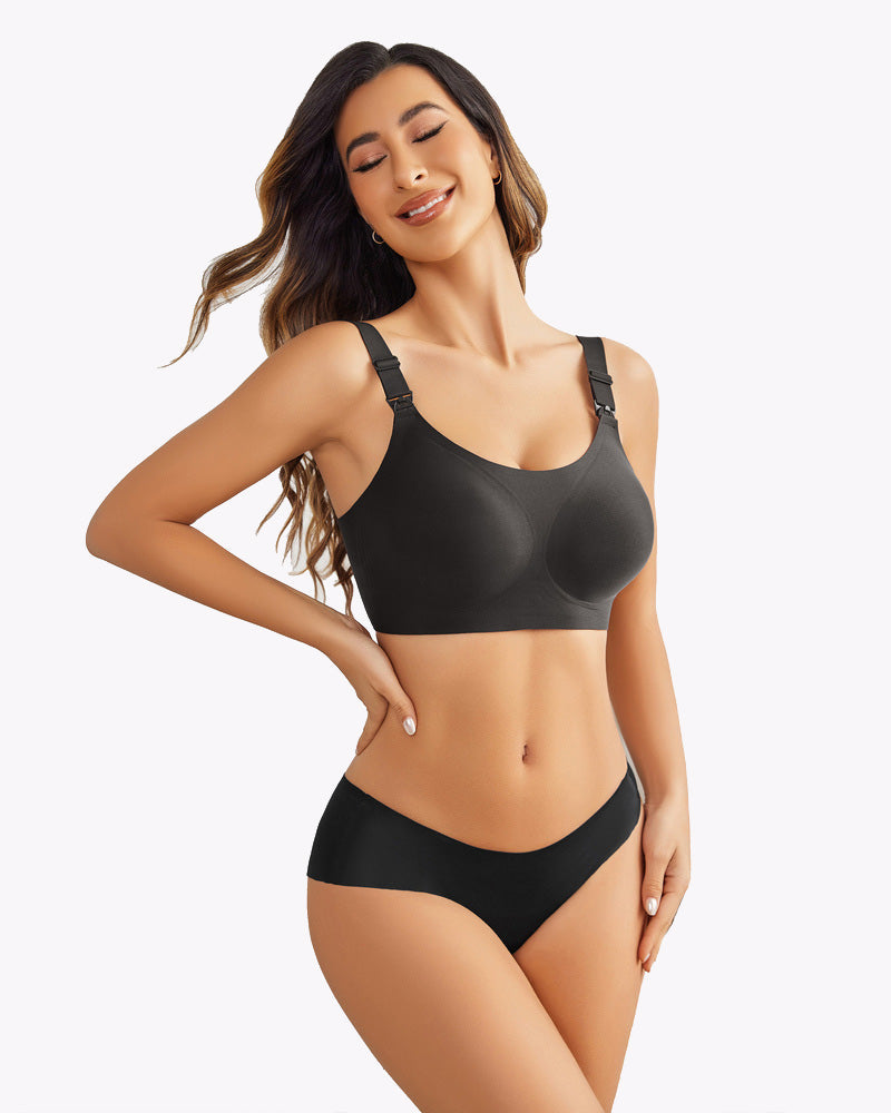 Wireless nursing bra in dark gray with adjustable straps, seamless cup