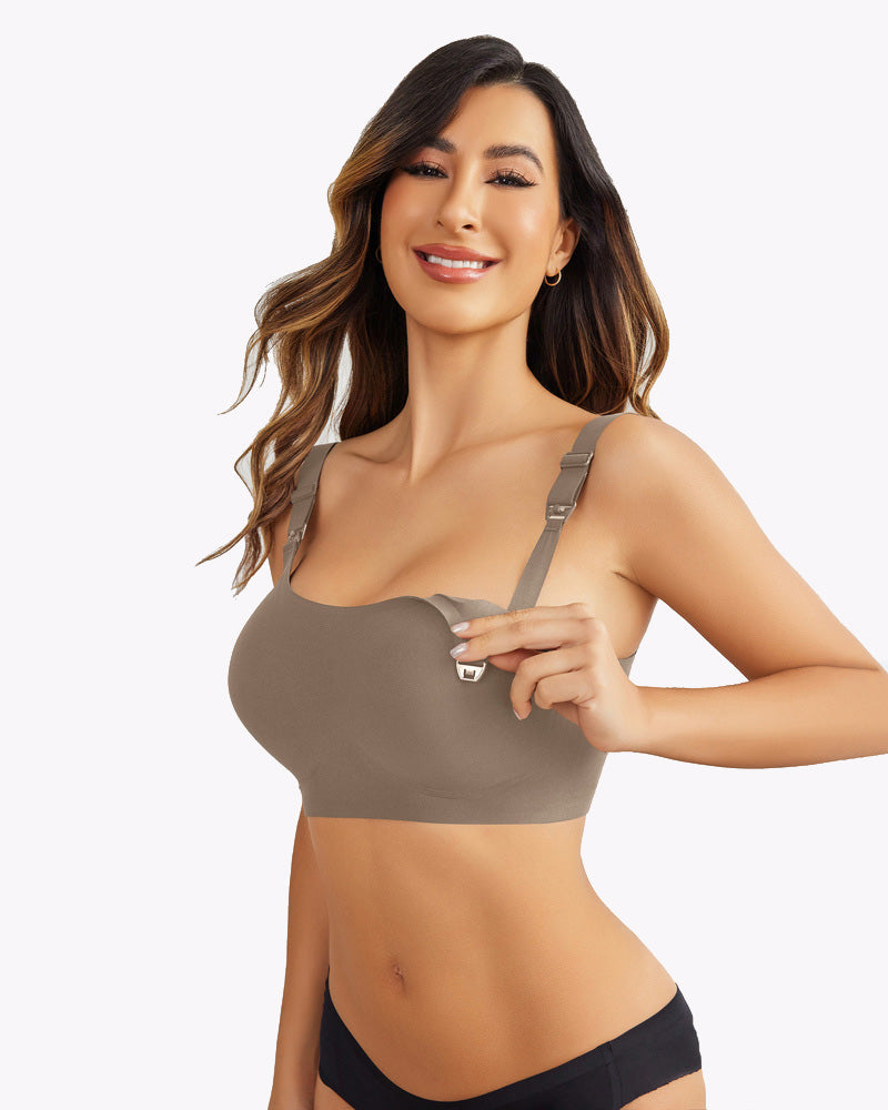 Brown seamless maternity push-up bra with wireless molded cups and adjustable wide straps