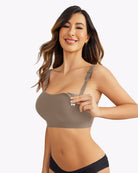 Brown seamless maternity push-up bra with wireless molded cups and adjustable wide straps