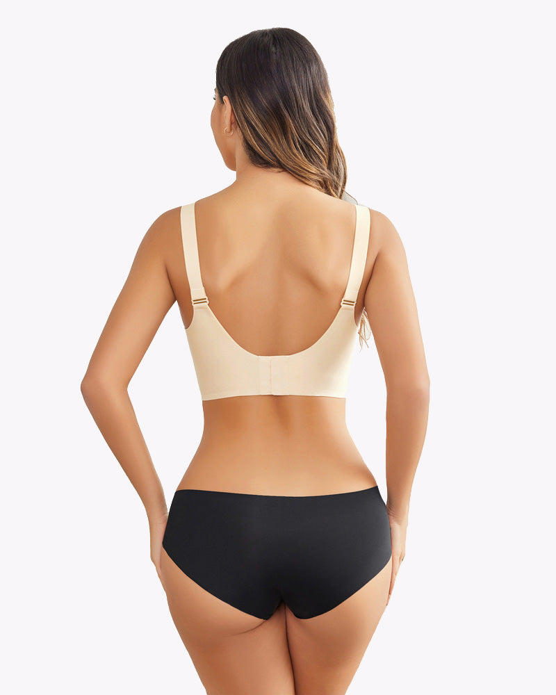 Seamless wireless maternity bra, beige/cream back view with adjustable straps