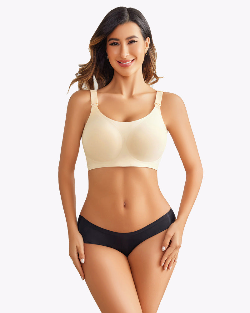 Wireless nursing bra in soft cream with adjustable straps and molded full-coverage cups
