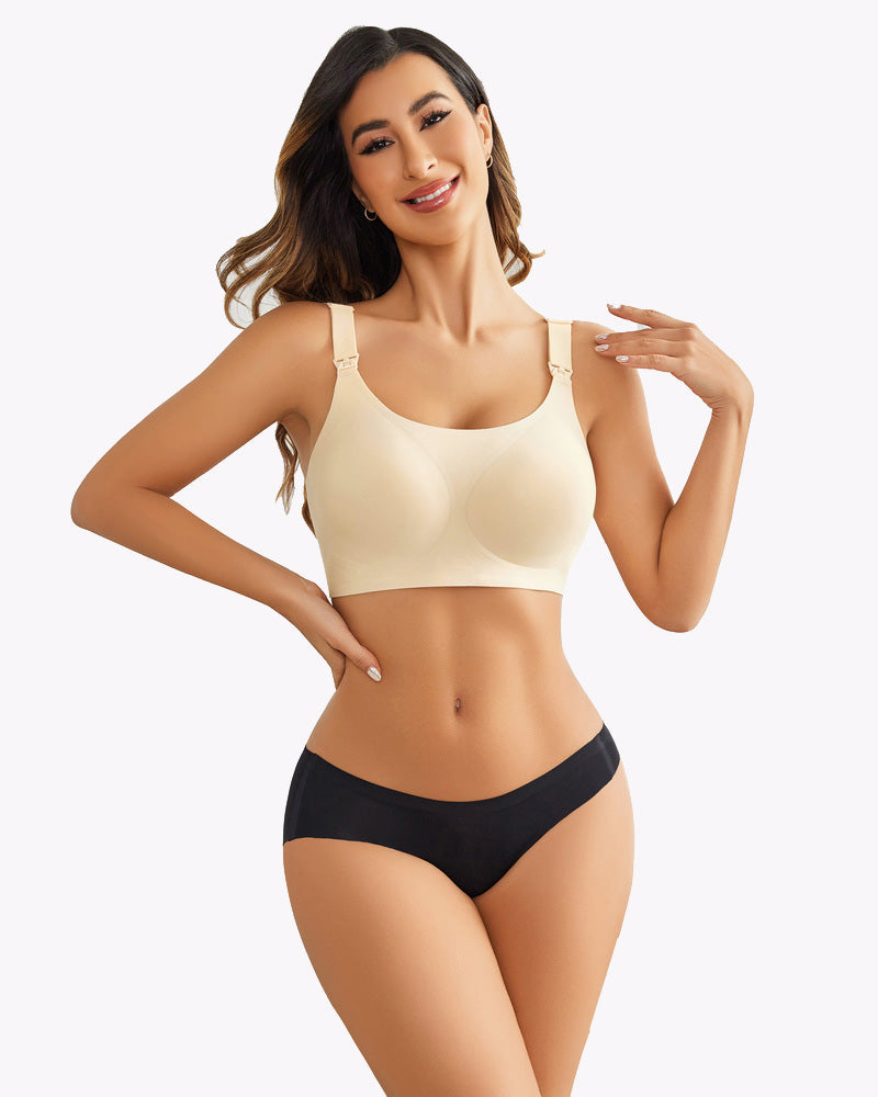 Cream seamless maternity push-up bra with wireless molded cups and adjustable wide straps