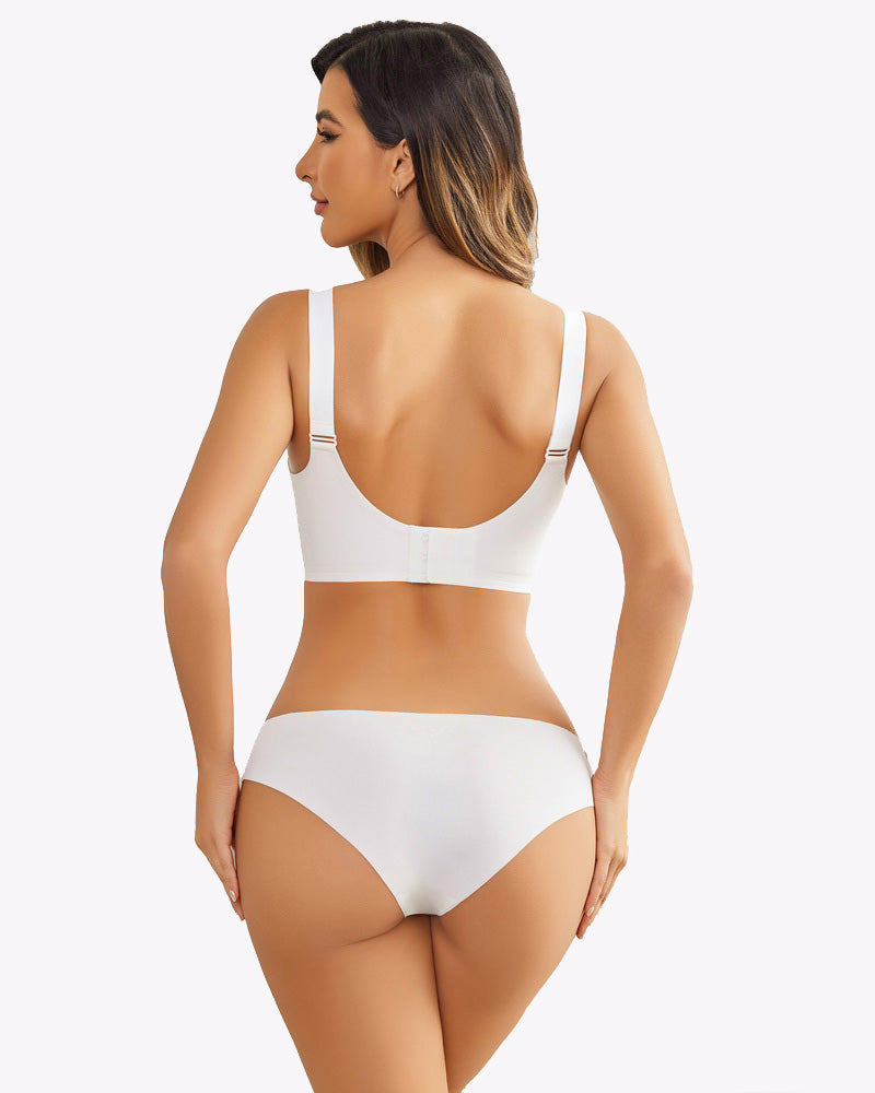 Wireless nursing bra back view in white with adjustable straps and elastic back band