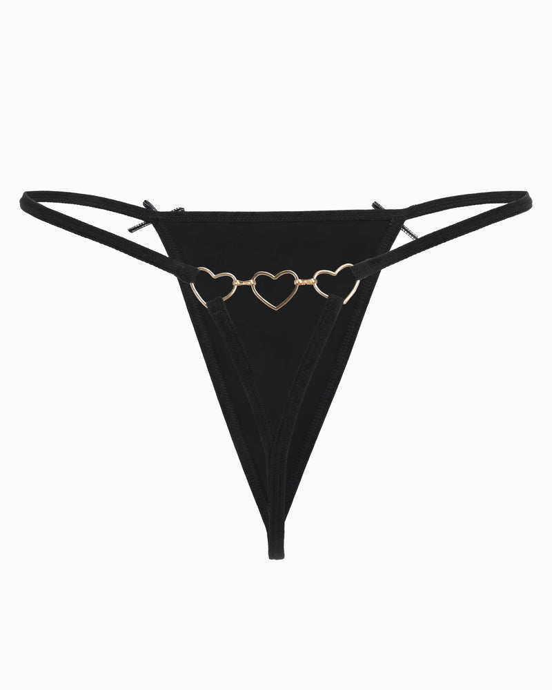 Black g-string thong with gold heart ring detail across the waistband and side ties