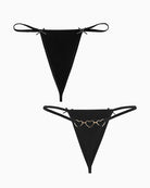 Black g-string thong set, bow straps and gold heart ring detail at the front