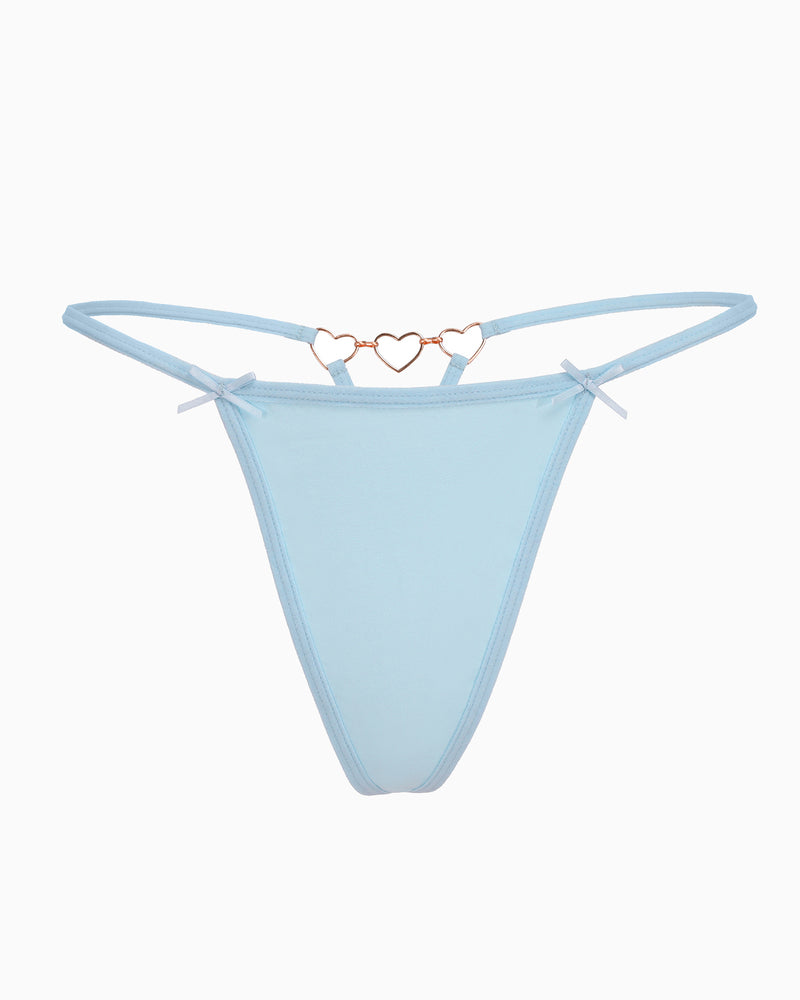 Light blue g-string thong with gold heart ring detail and long side ties