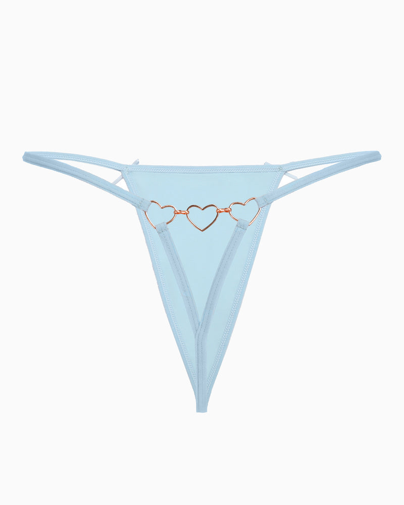 Light blue g-string thong with gold heart ring detail and crisscross back straps