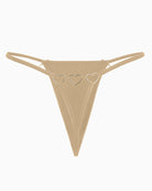 Beige/tan g-string thong with gold heart ring detail and cutout side straps