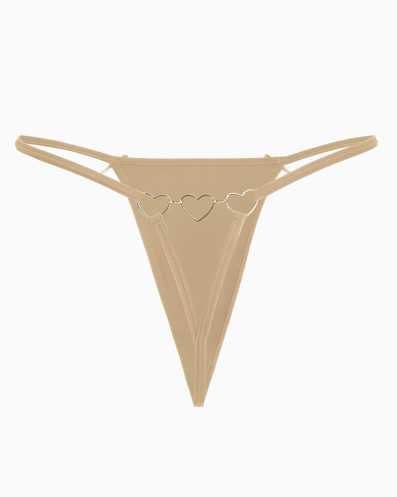 Beige/tan g-string thong with gold heart ring detail and cutout side straps