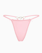 Pink G-string thong with heart-link center detail and bow-tie side accents