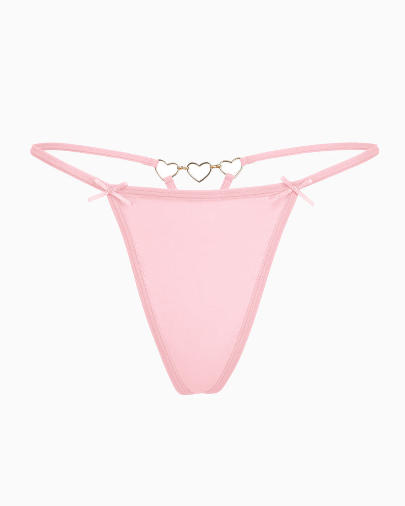 Pink G-string thong with heart-link center detail and bow-tie side accents