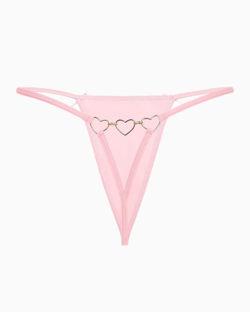 Blush pink G-string thong with heart-link center detail and thin side straps