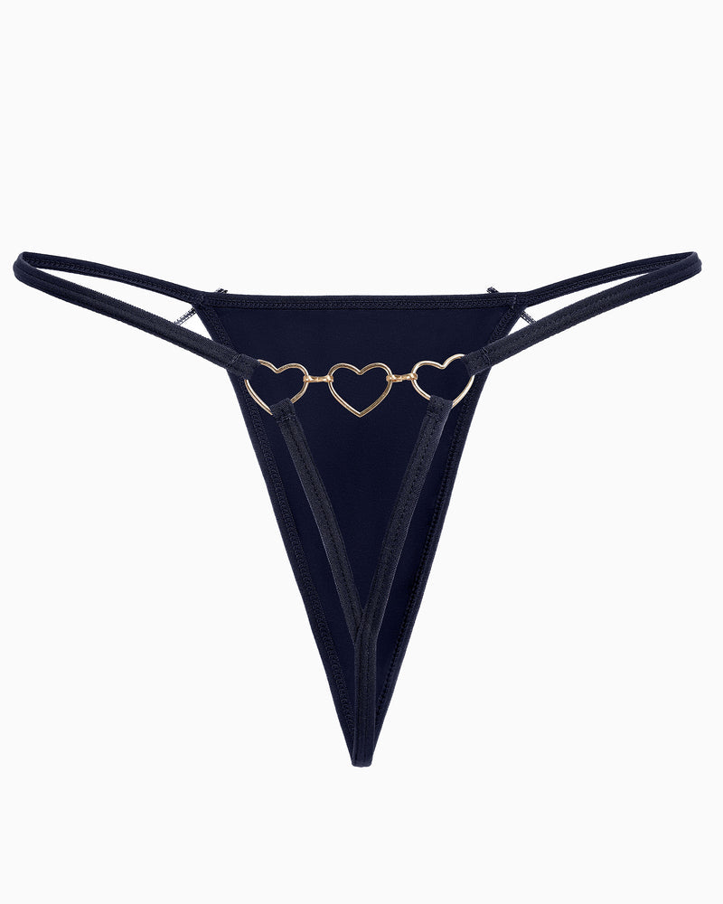 Dark navy G-string thong with heart-link center detail and bow-tie side accents