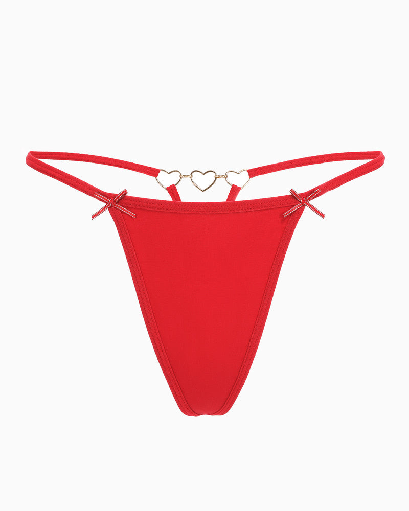Red G-string thong with heart-link center detail and bow-tie side accents