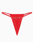 Red G-string thong with heart-link center detail and heart-motif chain
