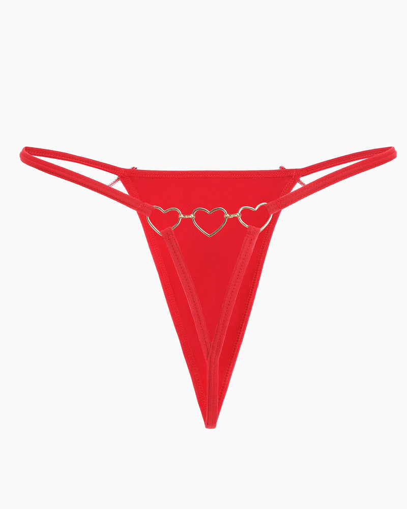 Red G-string thong with heart-link center detail and heart-motif chain