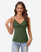 Green lace-trim cami bralette tank top with V-neck and bow detail