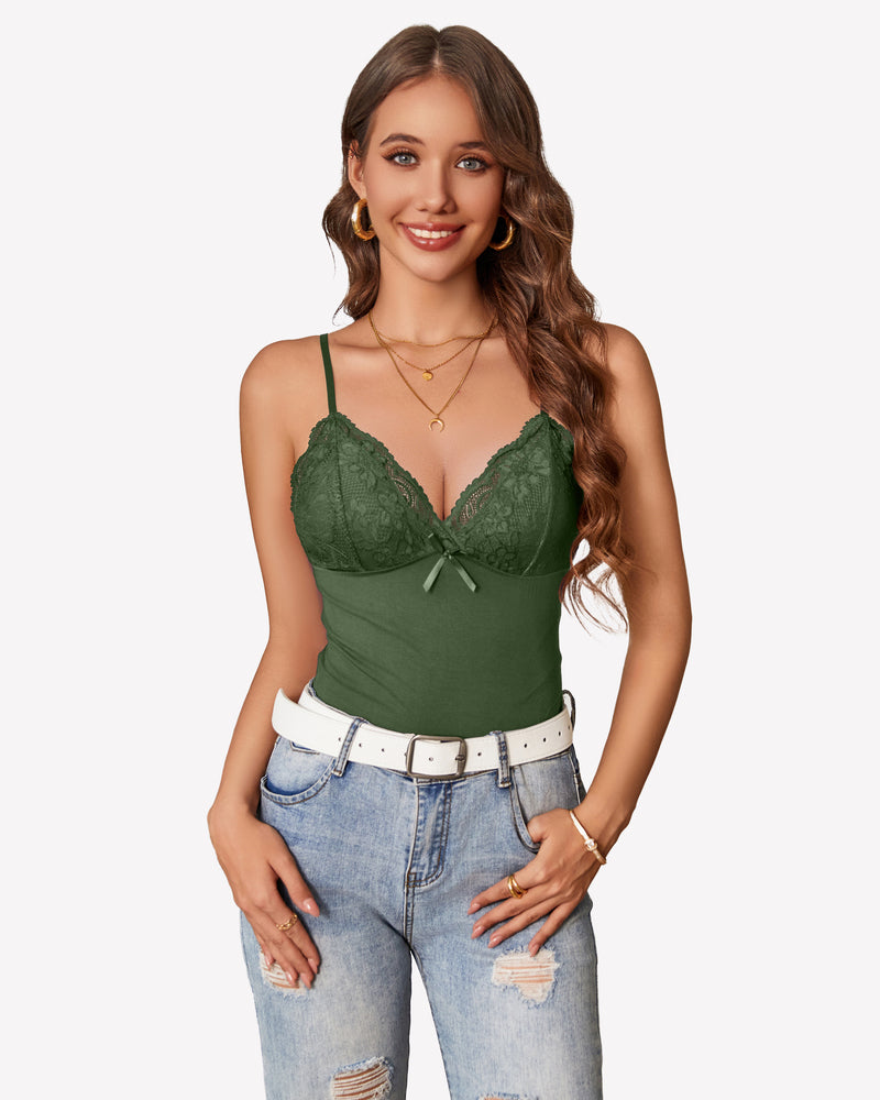 Green lace cami bralette tank top with V-neckline and thin shoulder straps