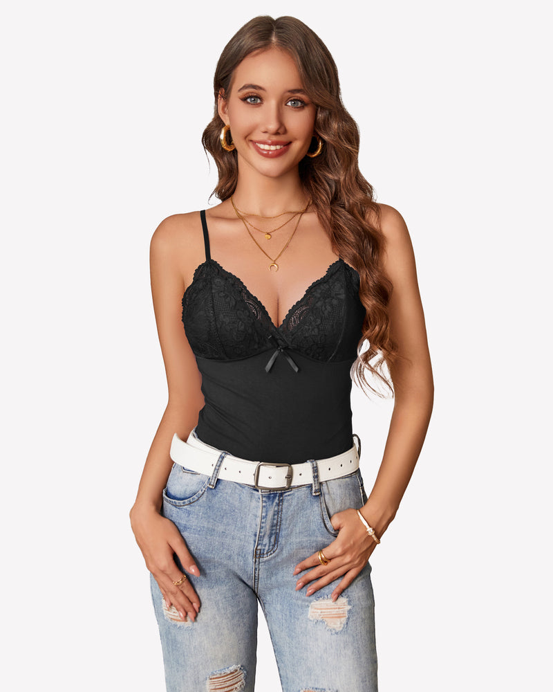 Black lace-trim cami bralette tank top with V-neck and tie front